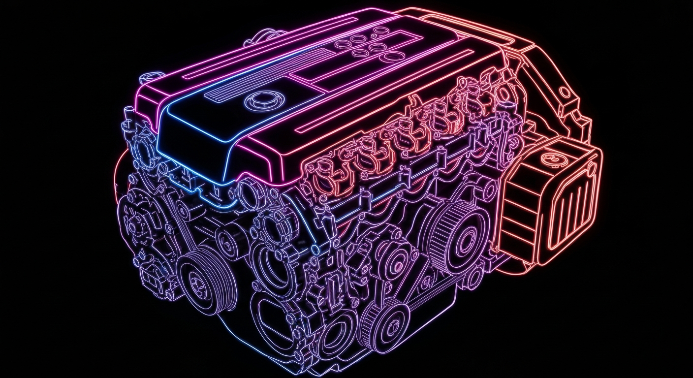 A minimalist design in the style of Keith Haring where the outline of a car engine is defined entirely by vibrant neon lines against a deep, dark background, emphasizing the intricate inner workings of auto repair.