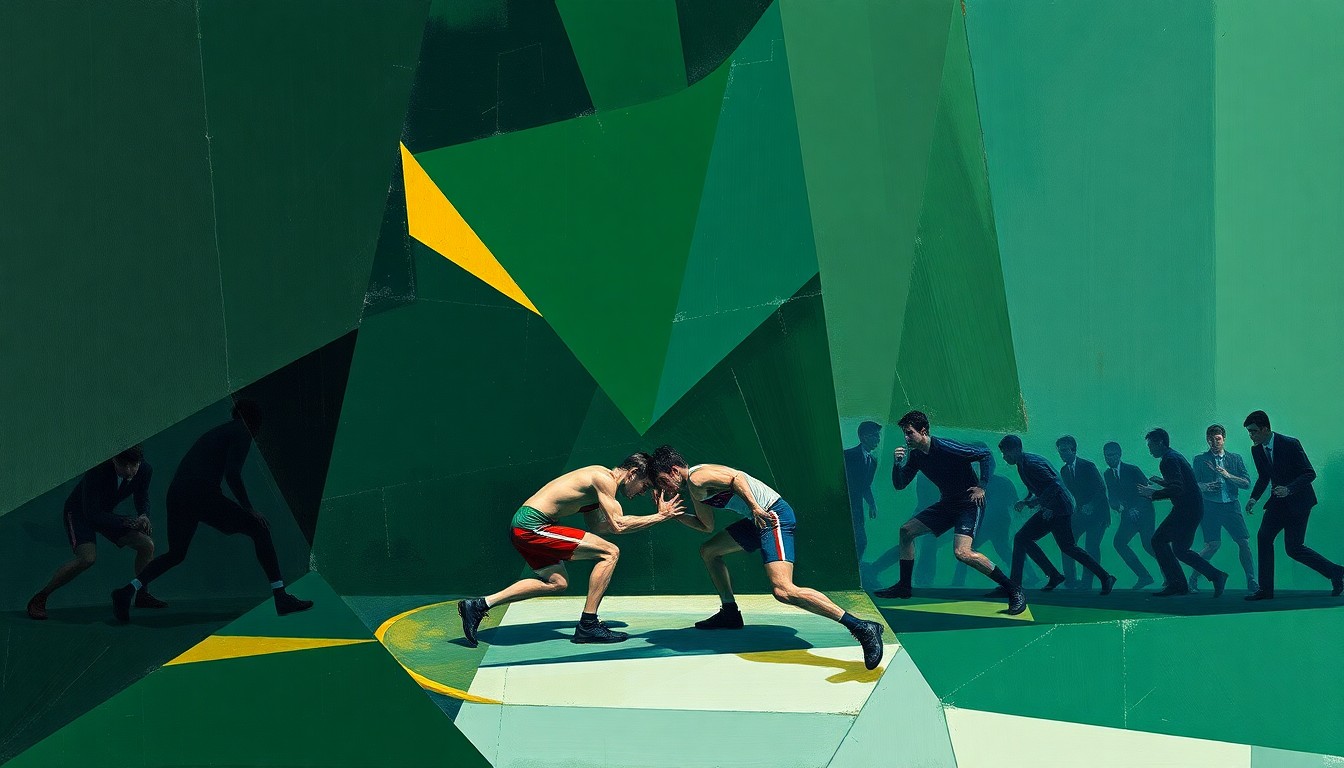 A cubist, geometric painting depicting the dynamic movements and intense competition of a high school wrestling match, with sharp, overlapping planes of color representing the sport's raw energy and athleticism.