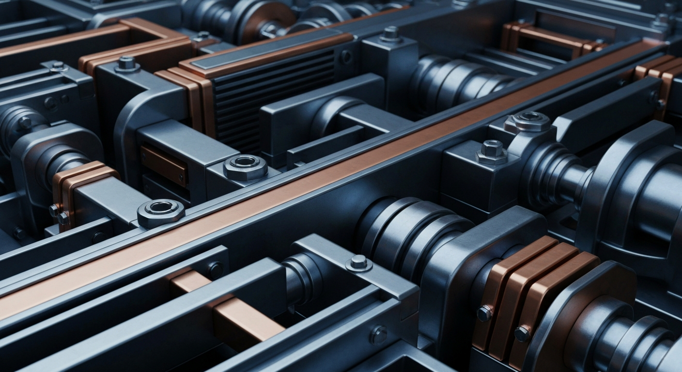 An extreme close-up of intricate, metallic financial machinery and equipment in shades of gunmetal grey, copper, and steel blue, conceptually representing the complex infrastructure and mechanics of the global financial system.