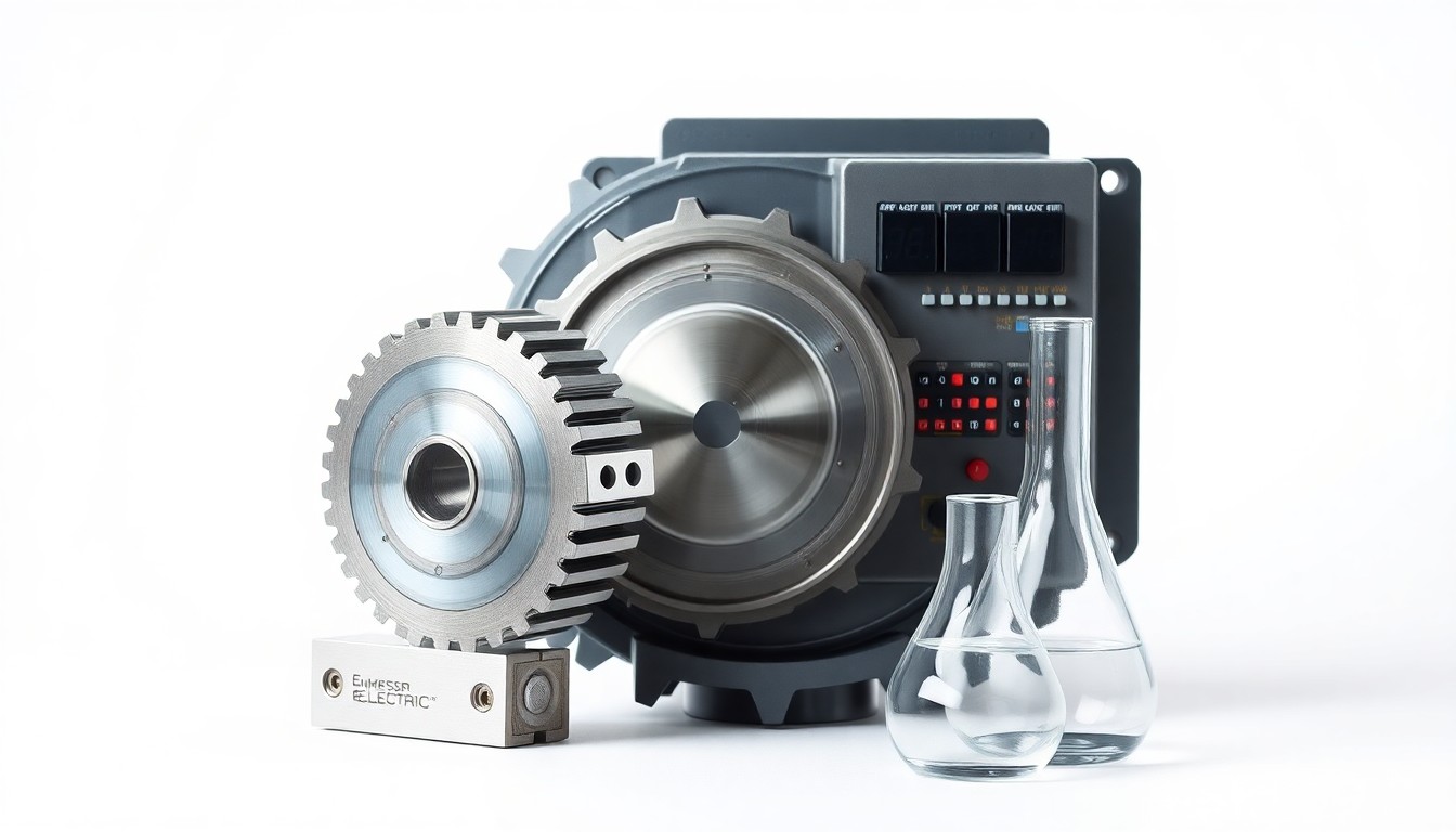 A photorealistic studio image featuring a polished metal gear, a sleek industrial control panel, and a smooth glass beaker arranged elegantly against a clean white background, symbolizing the precision engineering and advanced industrial technology that defines Emerson Electric's product portfolio.