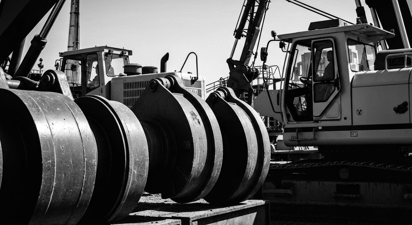 A high-contrast, black-and-white close-up image of heavy industrial construction equipment, conveying the raw power and mechanics of the machinery used in large-scale infrastructure projects.