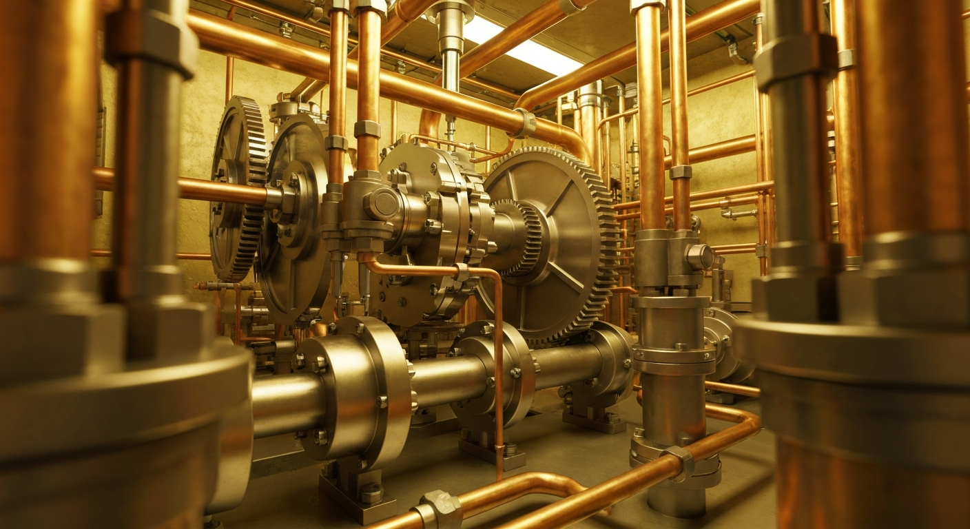 An extreme close-up of heavy, metallic gears and cogs, representing the complex financial infrastructure that underpins the banking and investment sectors.