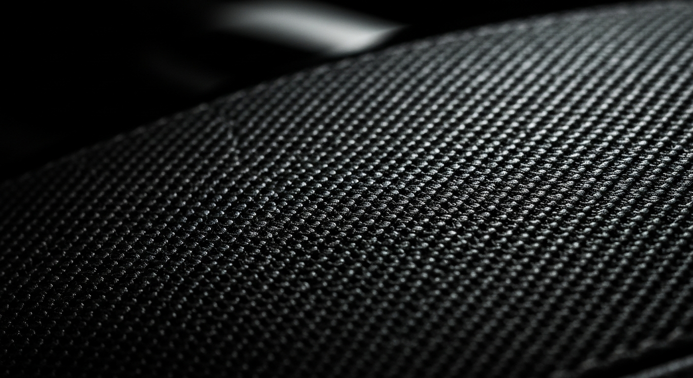 An extreme close-up of a textured automotive material, such as pebbled leather or woven mesh, captured in dramatic lighting to highlight the raw materials and craftsmanship of vehicle design.