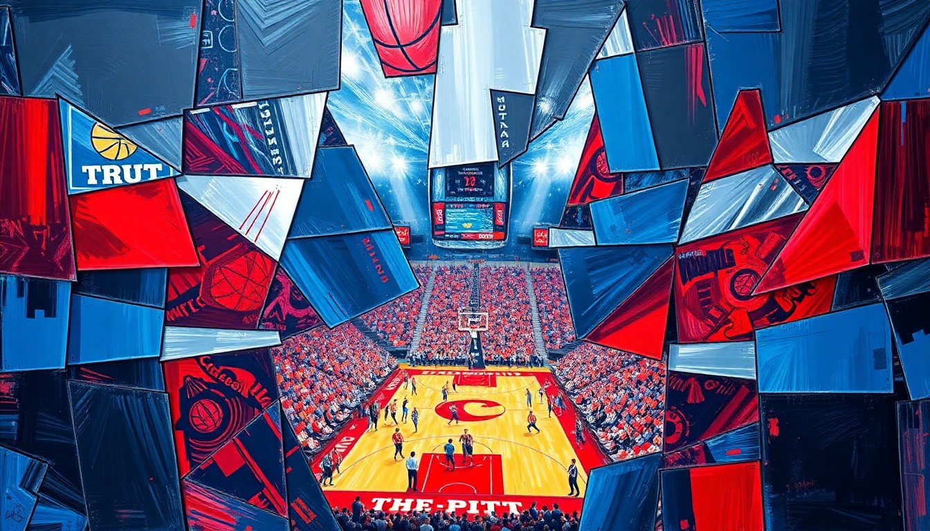 A cubist-style painting depicting a college basketball game, with the court, players, and fans broken down into sharp, overlapping geometric shapes in vibrant shades of crimson, silver, and blue.