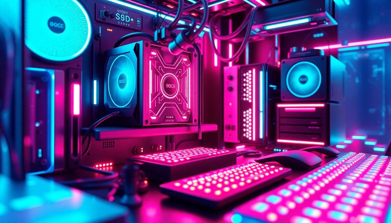 A highly detailed, 3D macro illustration of a glowing, futuristic 3D modeling workstation, with neon cyan and magenta lights illuminating the various components like a CPU, graphics card, and input devices, conceptually representing the advanced digital infrastructure powering remote creative workflows.