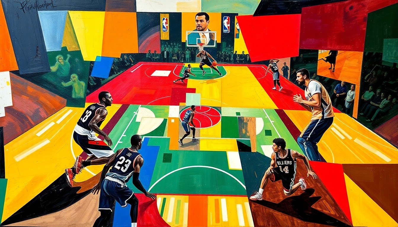 A cubist, geometric painting depicting a basketball game between the Trail Blazers and Spurs, with the players' bodies and the court broken down into abstract shapes and planes of vibrant colors, capturing the dynamic, positionless nature of modern NBA basketball.