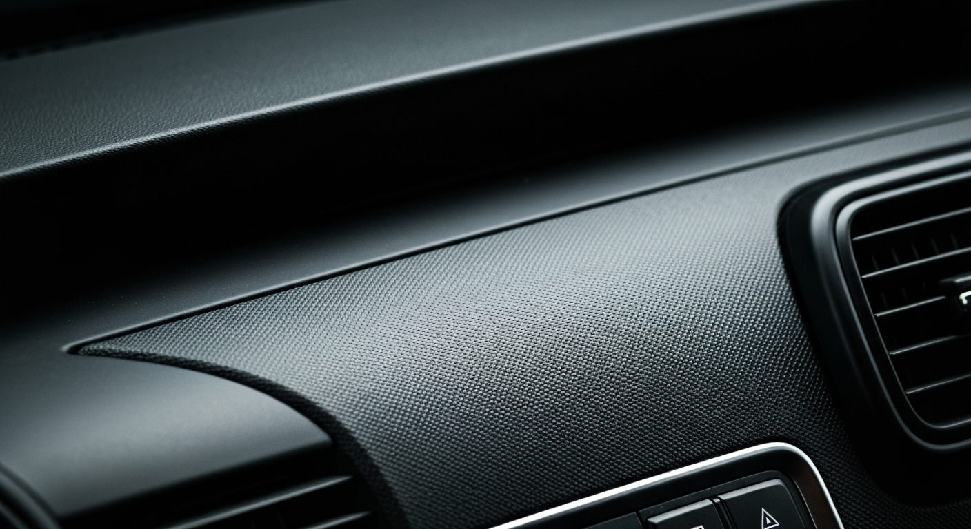 An extreme close-up of a car's dashboard or interior, showing the detailed, pebbled texture of the materials in dramatic lighting that highlights the craftsmanship and design of the vehicle.