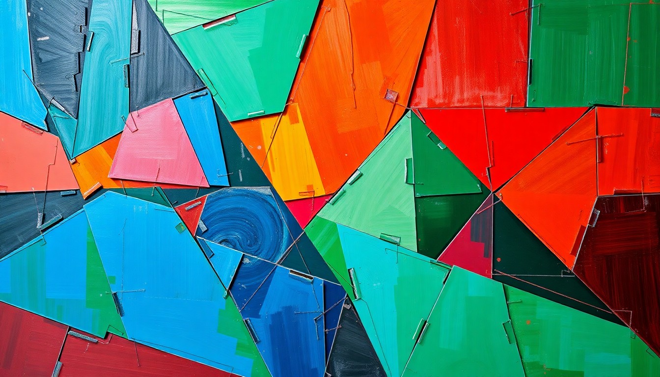 A cubist-style painting featuring fragmented geometric shapes and planes in vibrant colors, representing the complex and multifaceted nature of data science education and its various stakeholders.