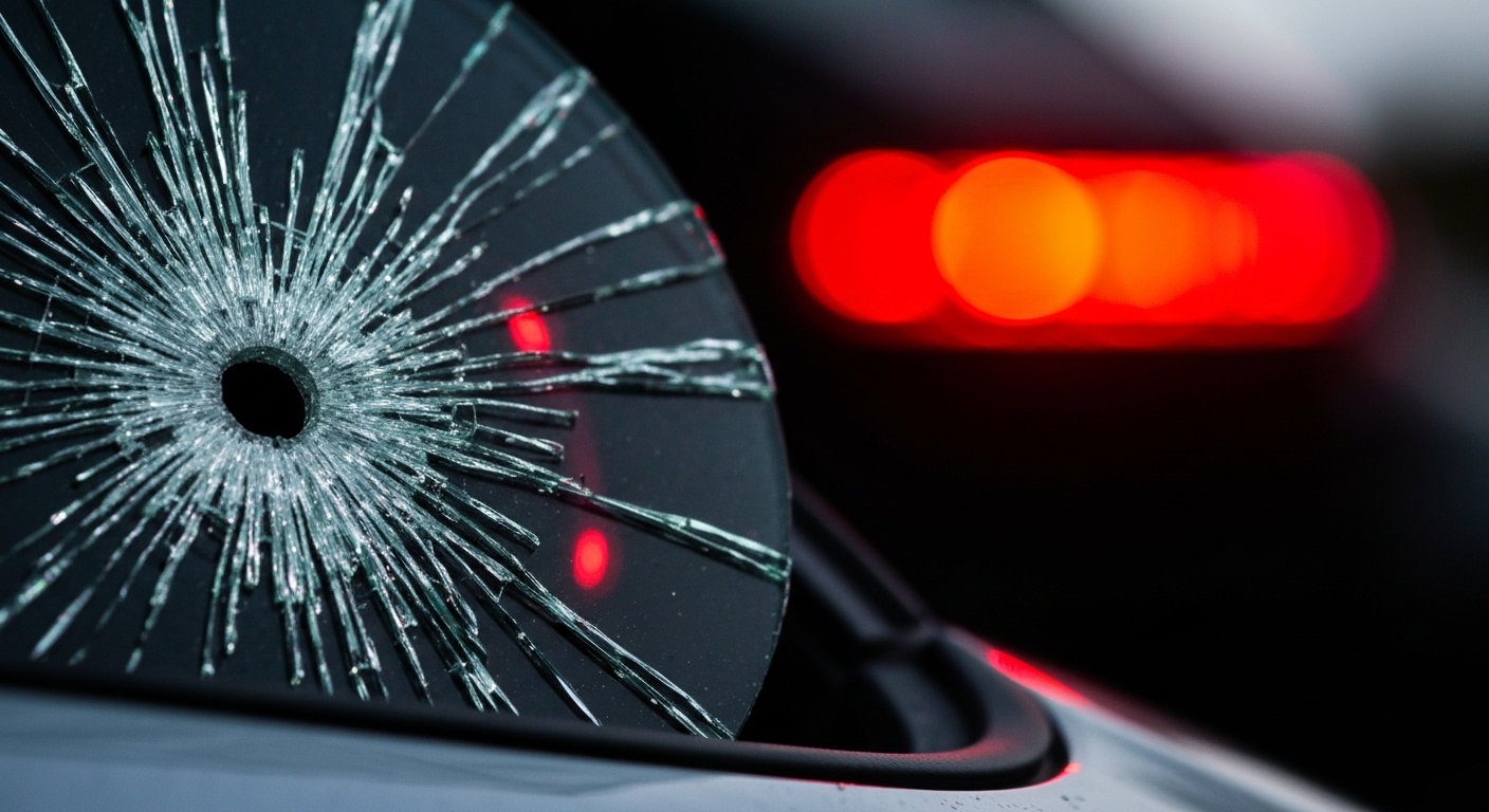 An extreme close-up of a shattered car sensor lens reflecting a faint red light, conceptually illustrating the vandalism of self-driving cars.