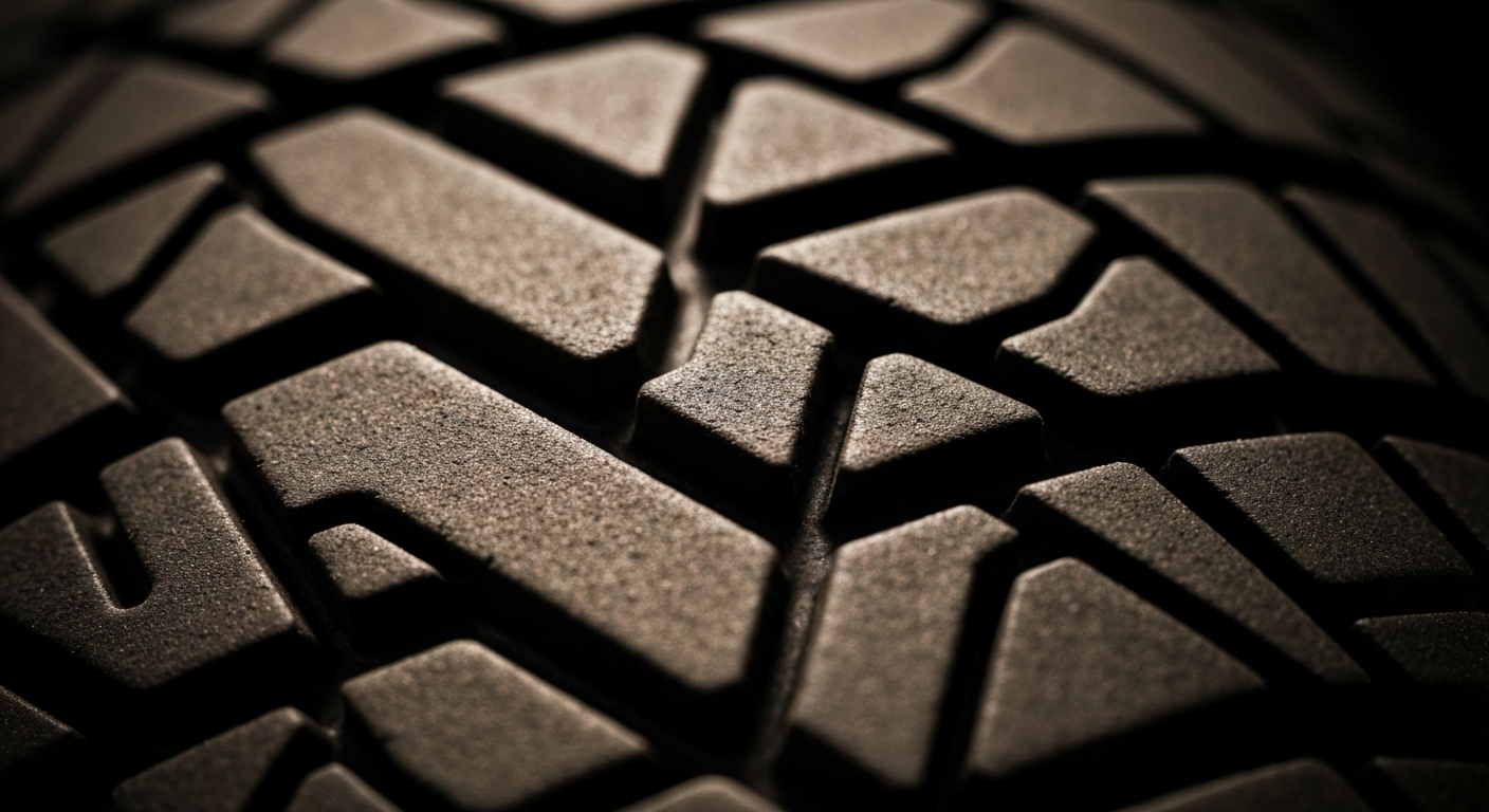 A close-up, high-contrast photograph of the intricate, pebbled texture of an automotive part, such as a tire tread or engine component, conveying the shop's dedication to quality and craftsmanship.
