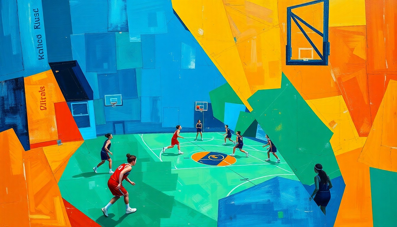 A cubist-style painting depicting a fractured, geometric interpretation of a girls' basketball game, with sharp planes of color and overlapping perspectives conveying the dynamic energy and potential of the young athletes.