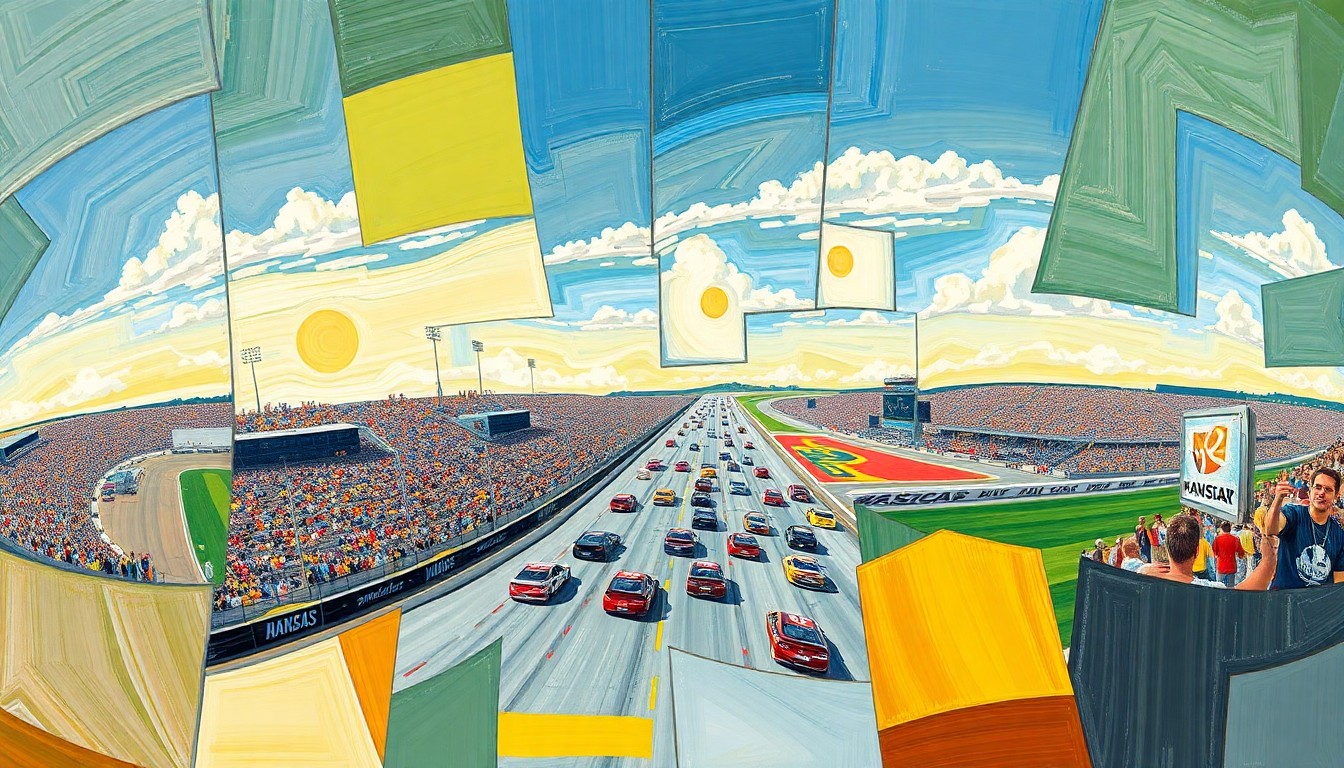 A cubist, geometric painting depicting a NASCAR race at Kansas Speedway, with the cars and track broken down into overlapping, fragmented shapes and planes of color.