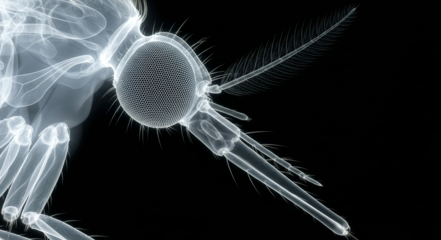 An extreme close-up X-ray photograph revealing the intricate internal structures of a mosquito's compound eye and proboscis, conceptually illustrating the public health threat of mosquito-borne diseases.