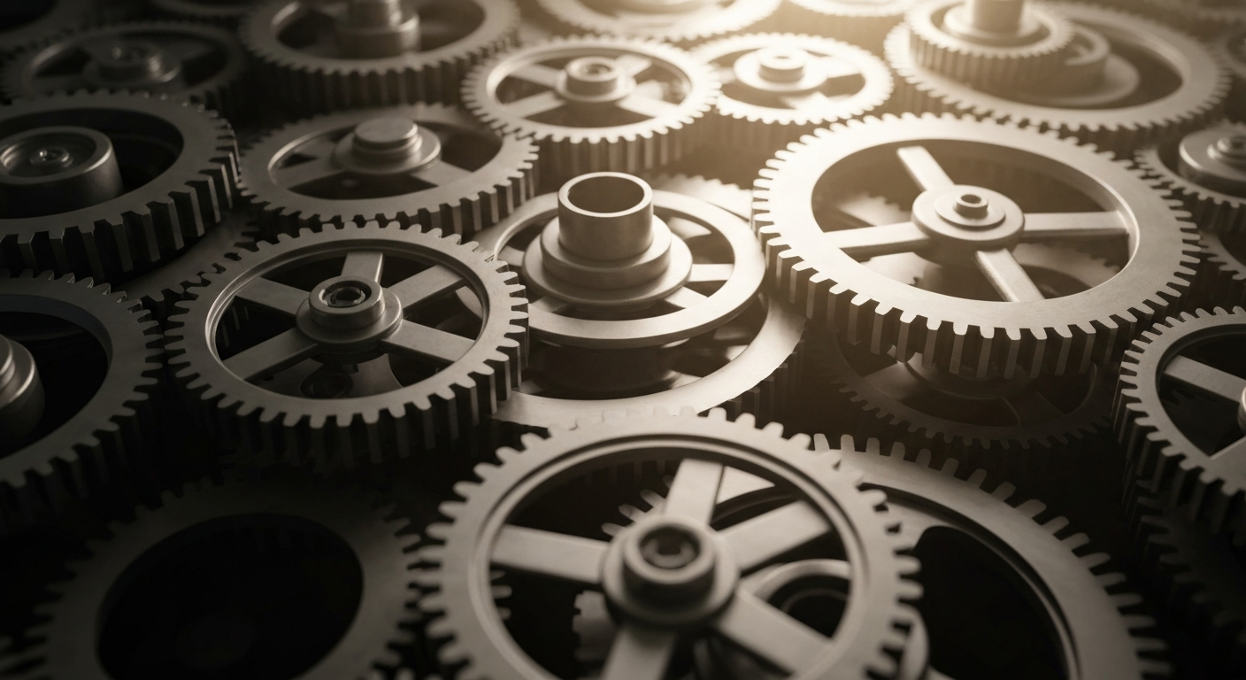 An extreme close-up of highly detailed, metallic gears and machinery, representing the intricate financial infrastructure that supports a major pharmaceutical company's business.