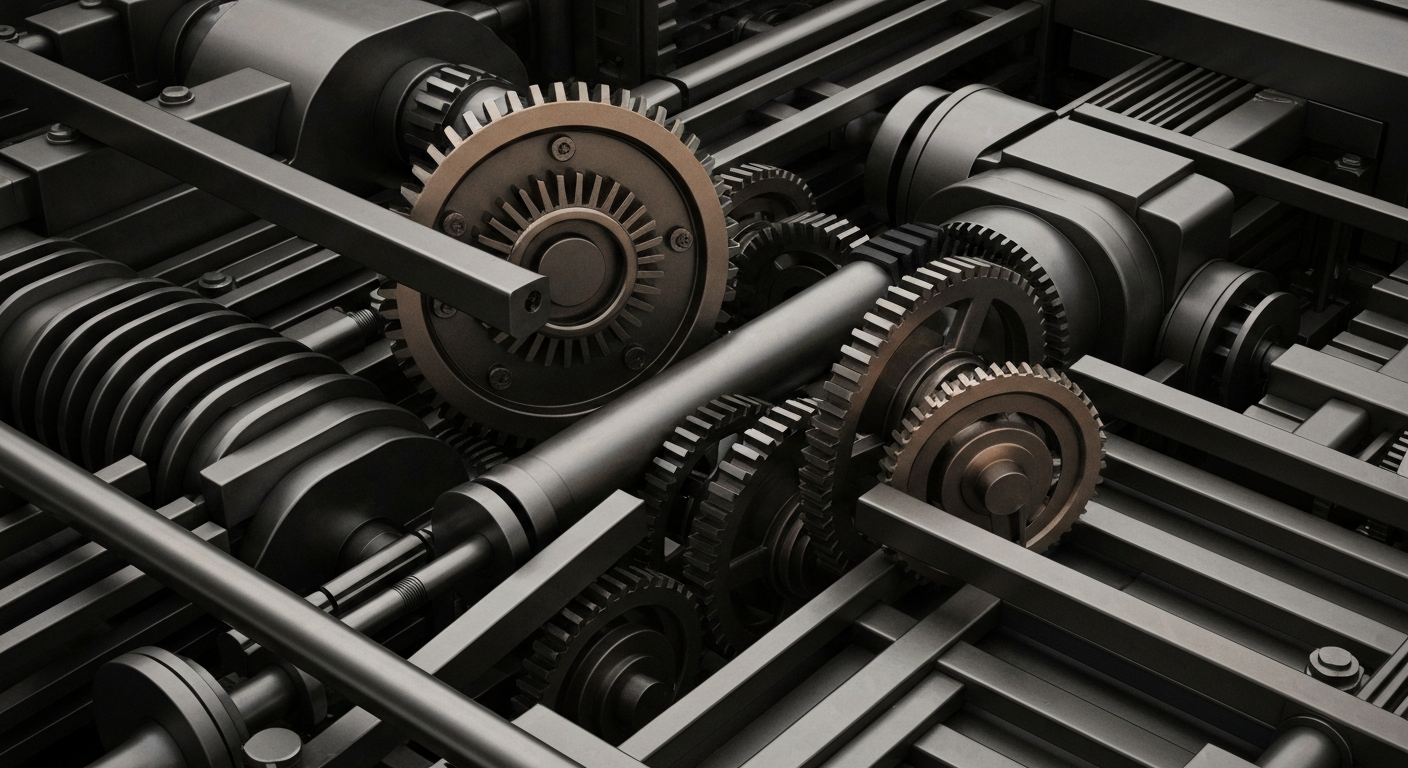 An extreme close-up of heavy, polished industrial machinery and gears in shades of steel grey, bronze, and black, conceptually representing the complex financial infrastructure and institutional investment behind a major industrial supplier.