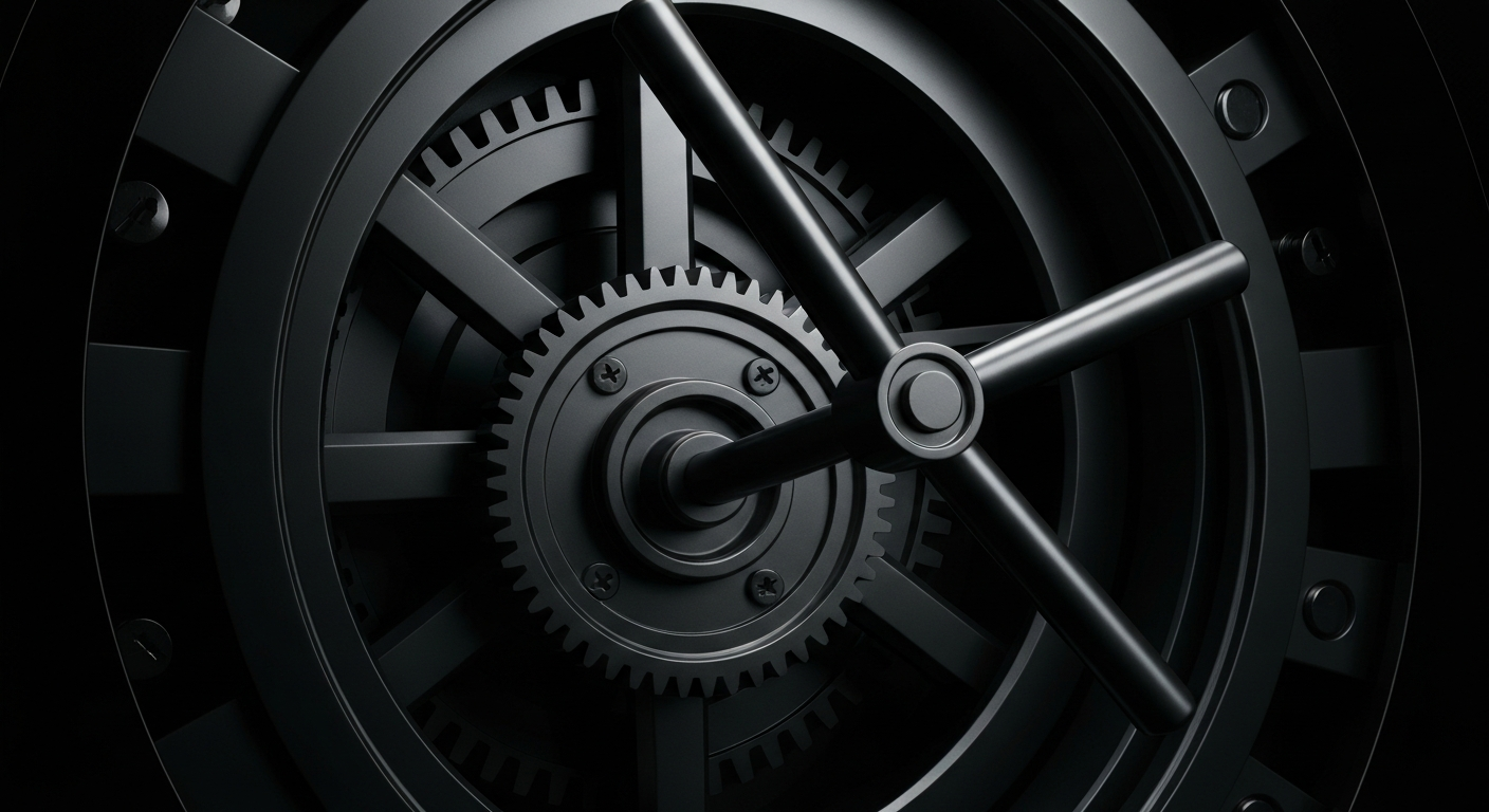 An extreme close-up of the intricate, industrial machinery inside a bank vault, with heavy shadows and highlights emphasizing the secure, powerful nature of financial data storage.