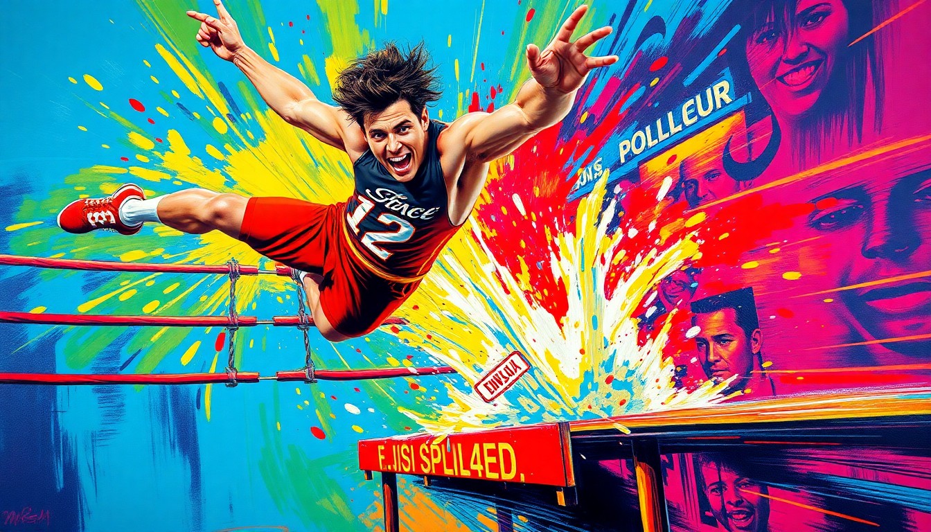An extreme close-up of IShowSpeed mid-leap, his body contorted in a high-flying stunt, surrounded by a vibrant explosion of neon paint splatters and brushstrokes that capture the raw energy of his performance.