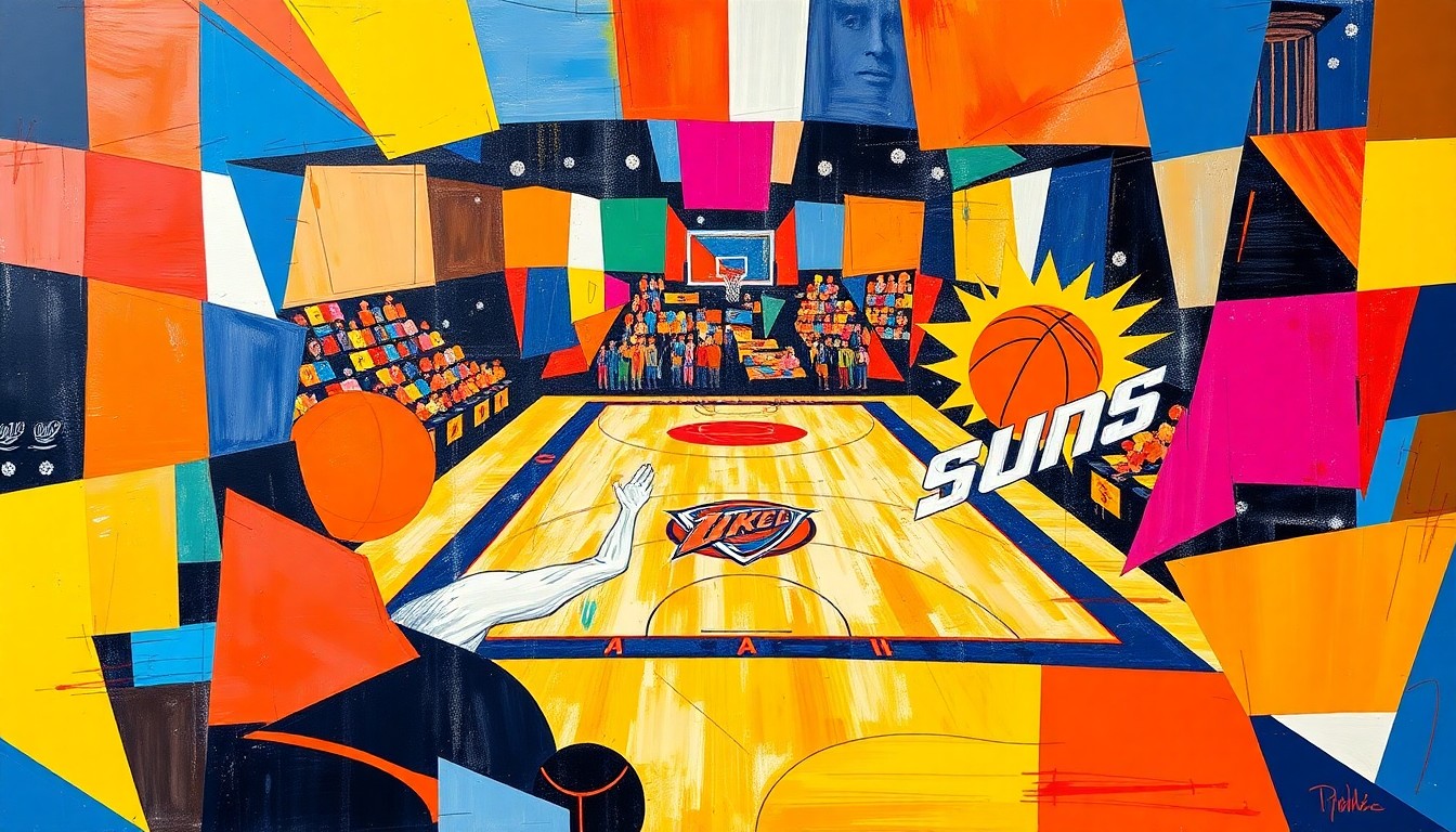 A cubist-style painting depicting a basketball game in progress, with the players and court broken down into overlapping geometric shapes in the team colors of the Oklahoma City Thunder and Phoenix Suns.