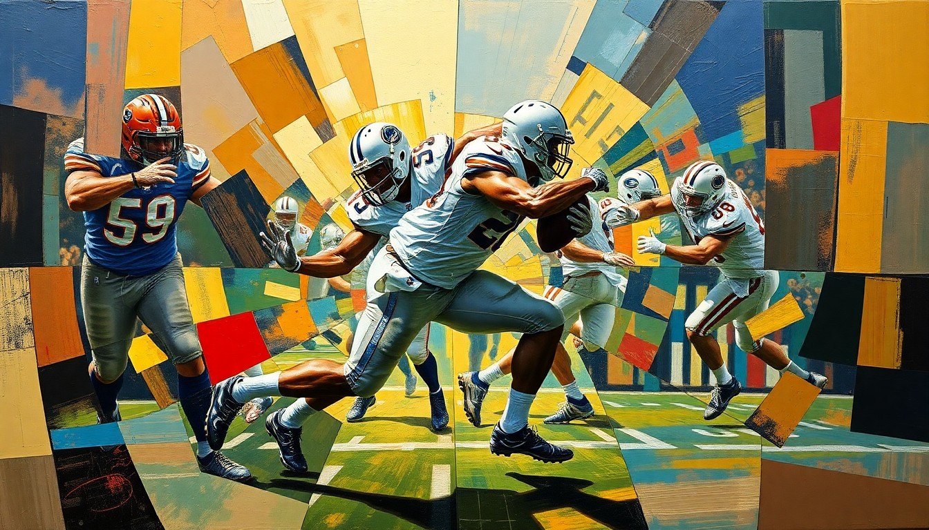A cubist, geometric painting depicting a powerful defensive tackle making a tackle, with the player's body broken down into sharp, overlapping planes of color and form.