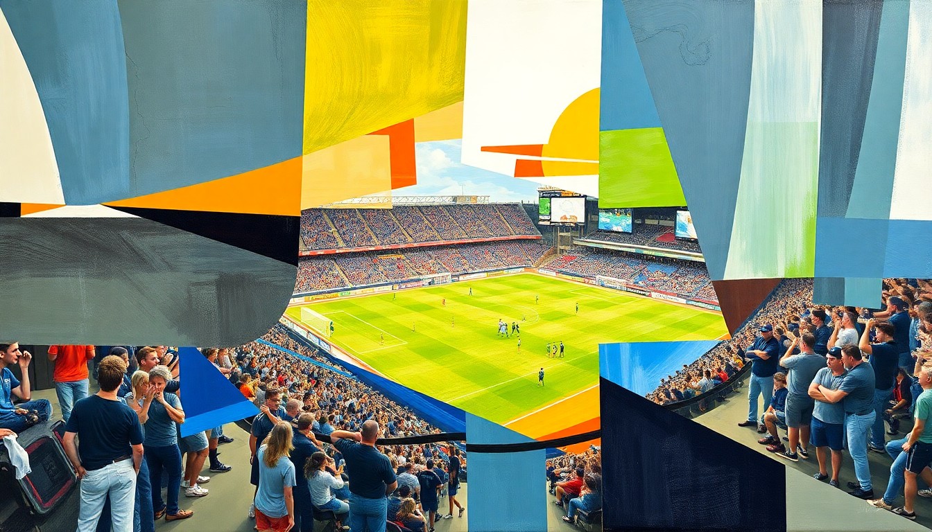 A cubist-style painting featuring overlapping geometric shapes and planes in shades of green, blue, and orange, conceptually representing the action and energy of a soccer match.