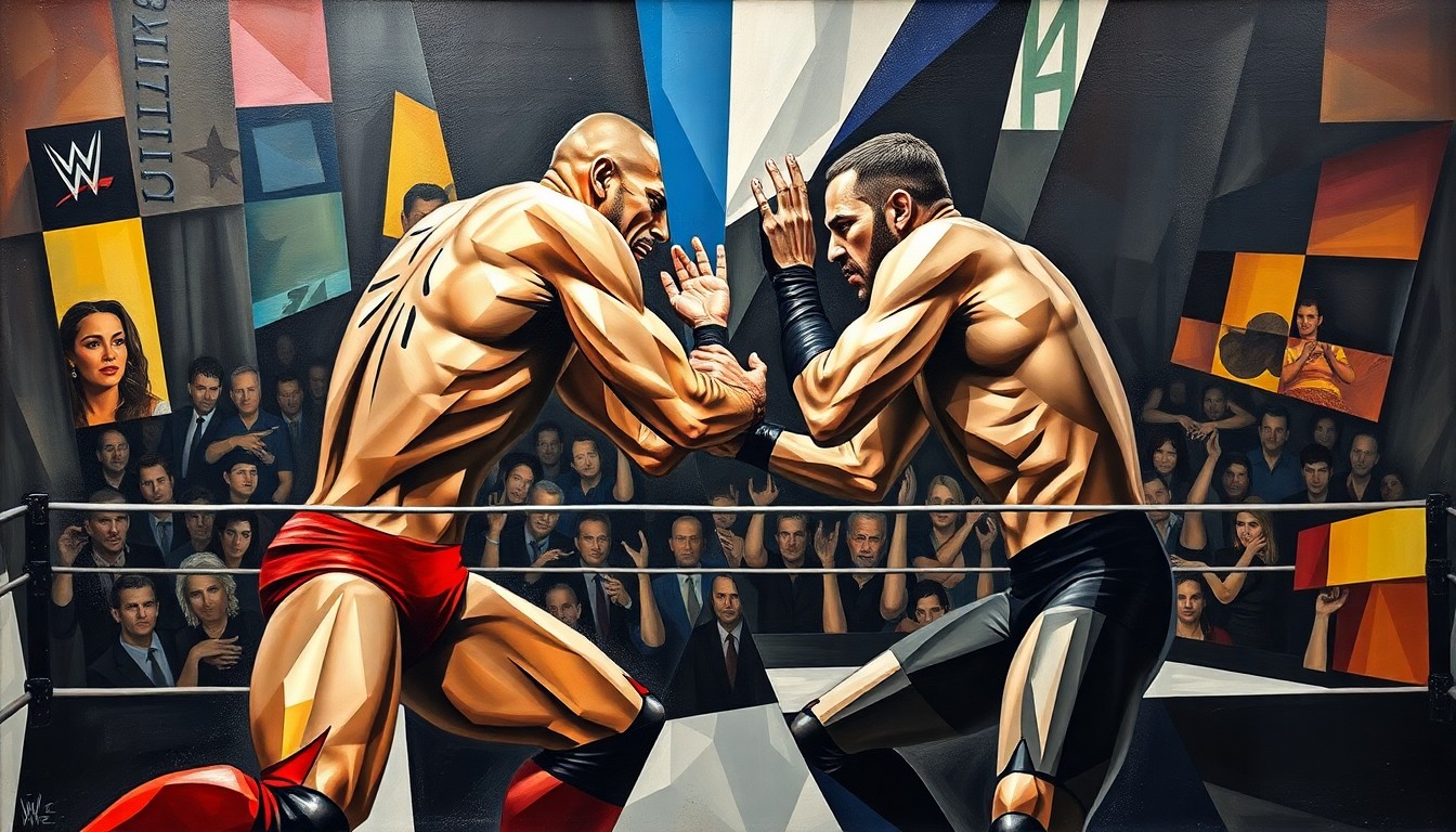 A cubist, geometric painting depicting the intense physicality of the unsanctioned wrestling match between Jacob Fatu and Drew McIntyre, with their bodies and the ring environment abstracted into sharp, overlapping angular forms.