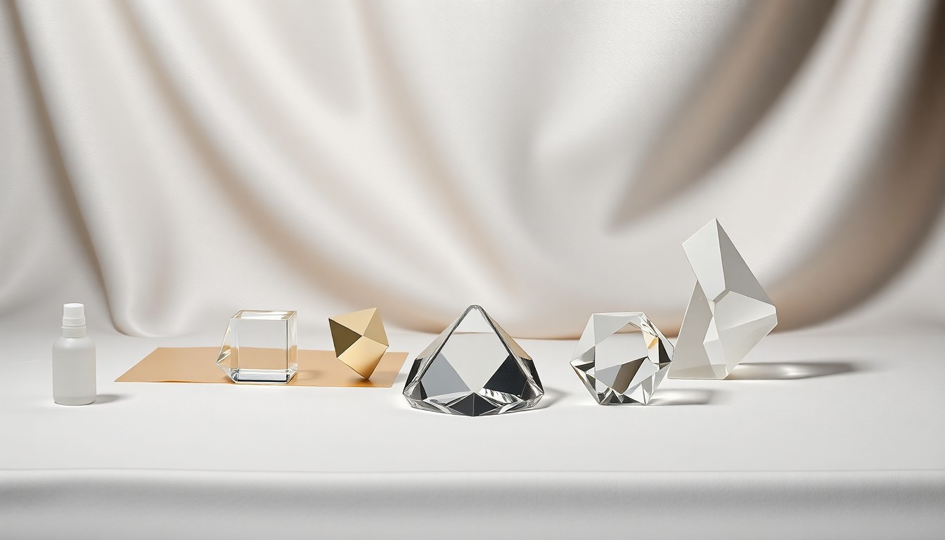 A high-end, photorealistic studio still-life photograph featuring a collection of premium, polished geometric objects arranged elegantly on a clean, monochromatic seamless background, conceptually representing the abstract concepts of corporate strategy, finance, and innovation policy.