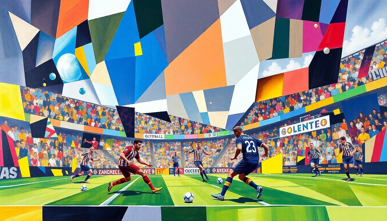 A fractured, multi-perspective painting in a cubist style, breaking down a soccer match between two teams into sharp, overlapping geometric planes of vibrant colors representing the players, field, and action.