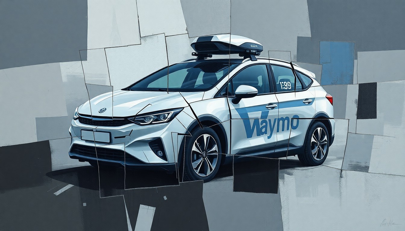 A cubist, fragmented painting depicting a damaged Waymo self-driving car, with its sensors and body panels broken down into sharp, overlapping geometric shapes in muted shades of grey, blue, and black, conceptually representing the vandalism of autonomous vehicles.
