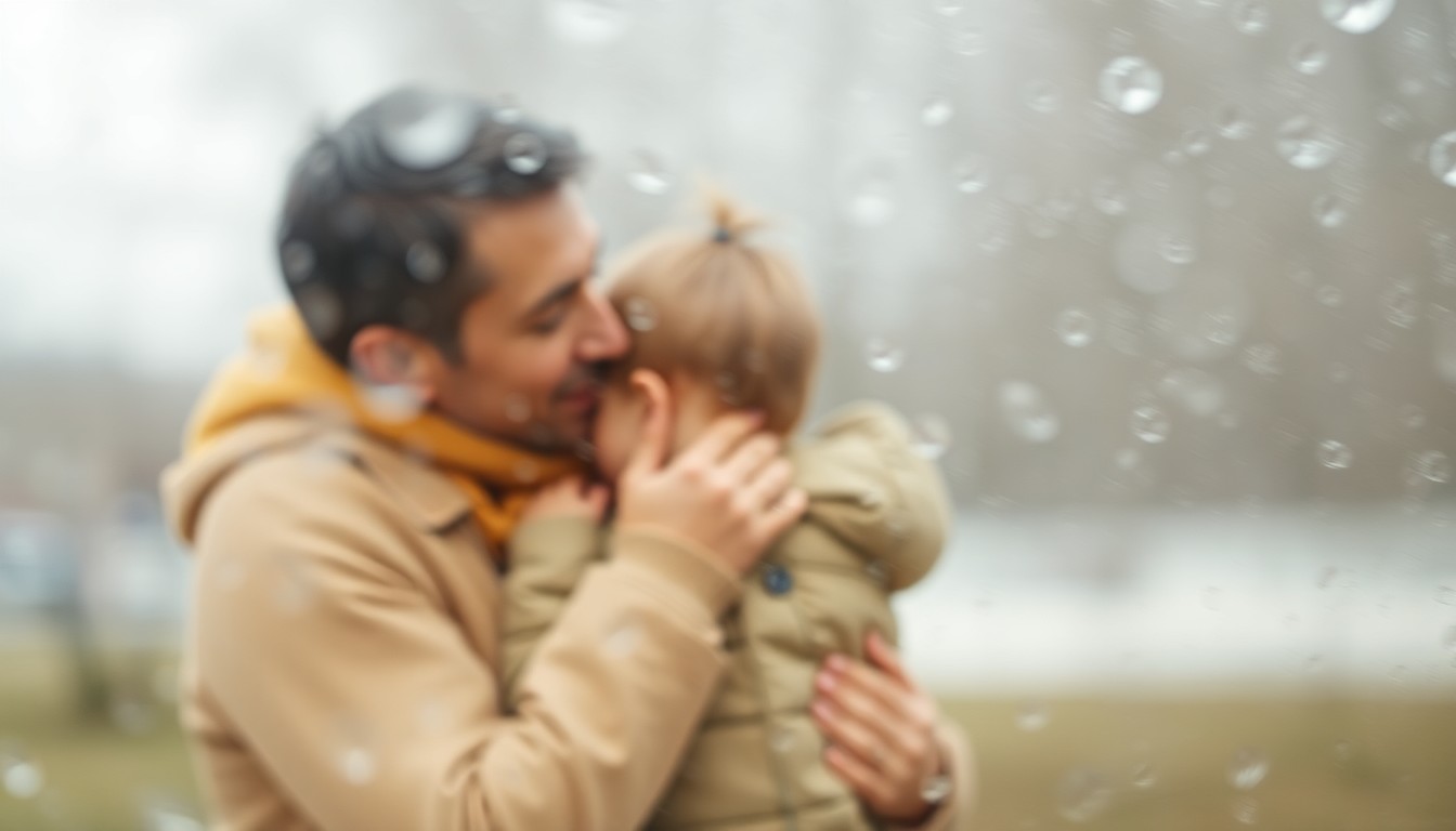 An abstract, impressionistic photograph depicting a blurred, intimate moment between a parent and child, conveying a sense of melancholy and nostalgia through the use of soft, muted tones and an out-of-focus, dreamlike composition.