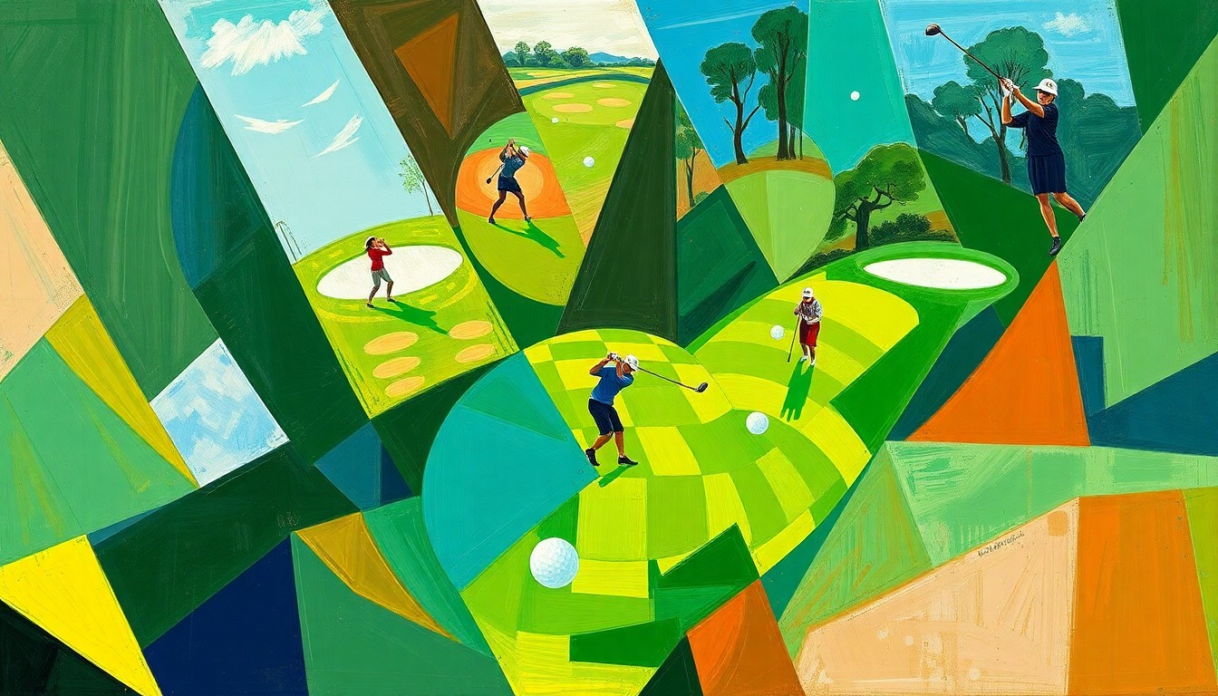 A fractured, geometric painting depicting a women's golf tournament, with overlapping shapes and planes in vibrant greens, blues, and browns representing the course, players, clubs, and balls in motion.