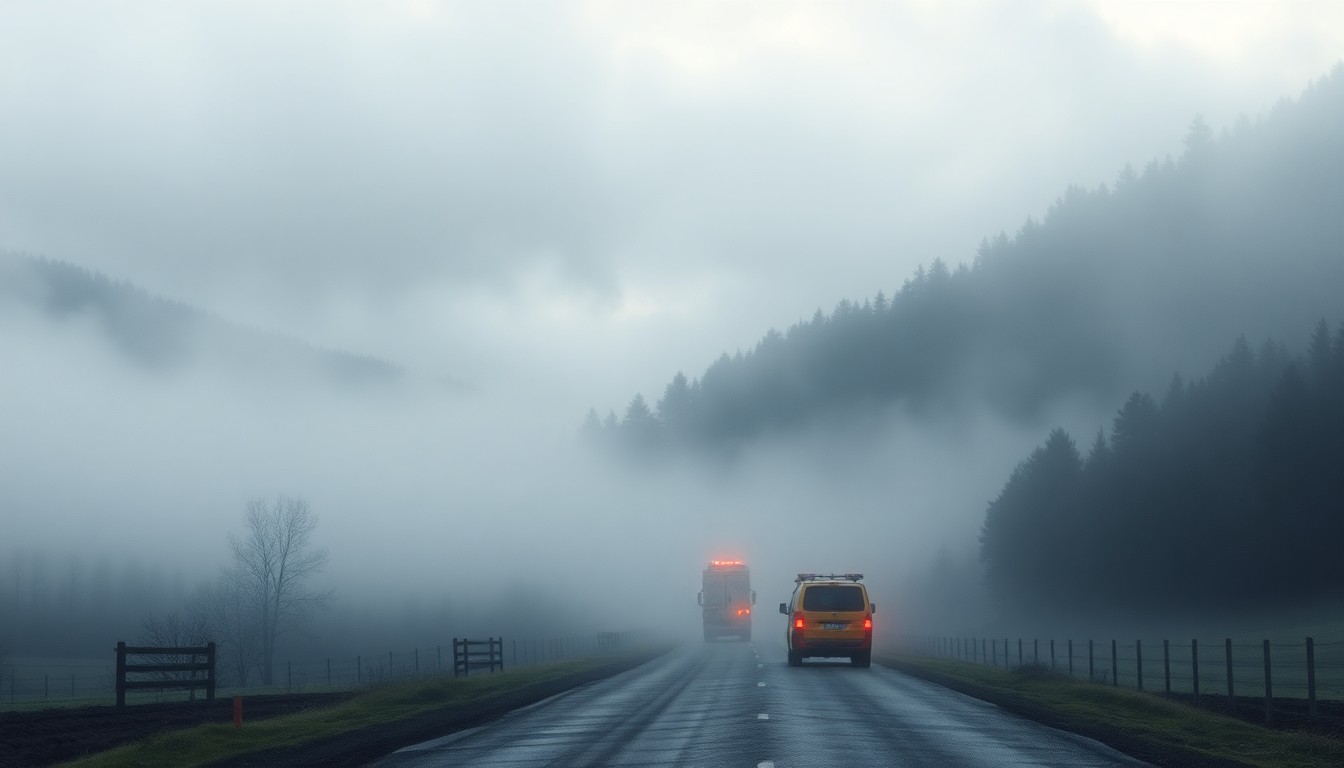 A sweeping, atmospheric landscape painting in muted tones of grey, blue, and green, depicting a winding country road obscured by heavy fog, with the faint outlines of emergency vehicles barely visible in the distance, conveying a sense of the overwhelming power of nature and the melancholy of a community responding to a serious incident.