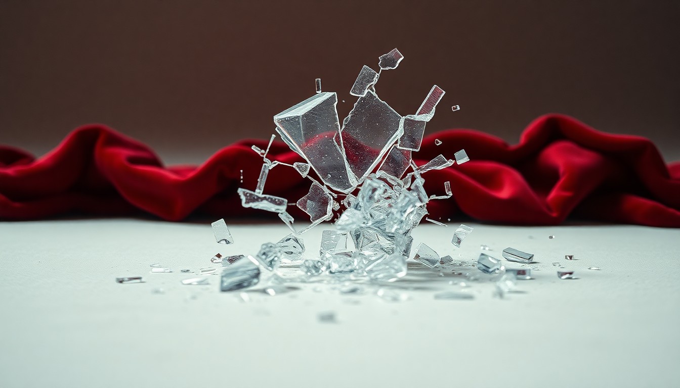 An abstract close-up image of shattered glass and crumpled velvet fabric, using dramatic lighting to create a sense of glamour and tension, conceptually representing the fractured relationships and class divides at the heart of the new season of the Netflix series 'Beef'.