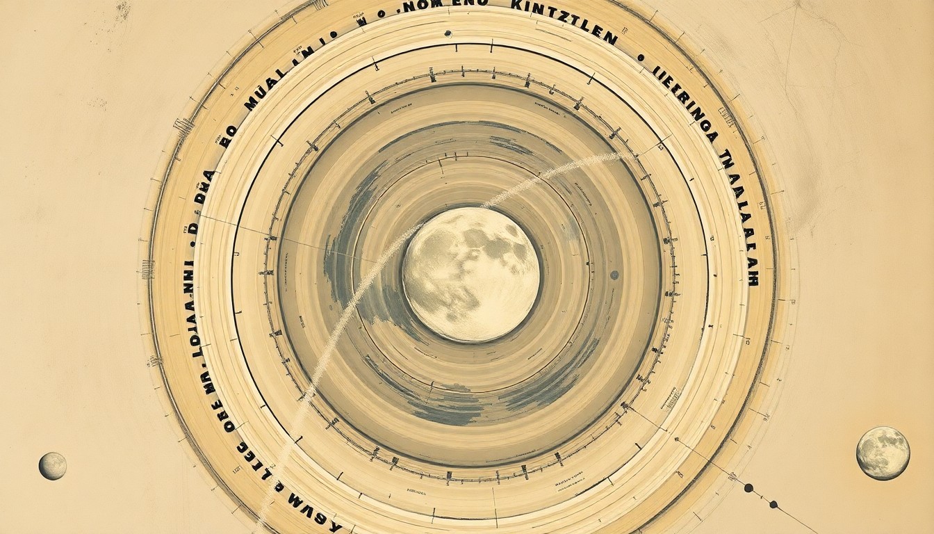 A bold, abstract painting in soft earth tones featuring sweeping geometric arcs, concentric circles, and precise botanical spirals, conceptually representing a new system of divided lunar property rights.