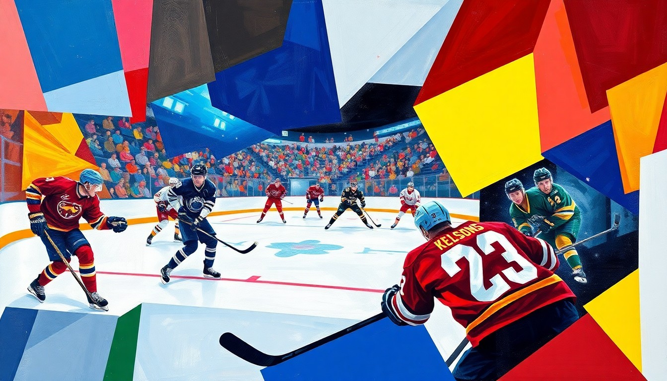 A cubist, geometric painting depicting a fragmented hockey game, with the players and action broken down into sharp, overlapping planes of color representing the uniforms of the Heartlanders and Bison.