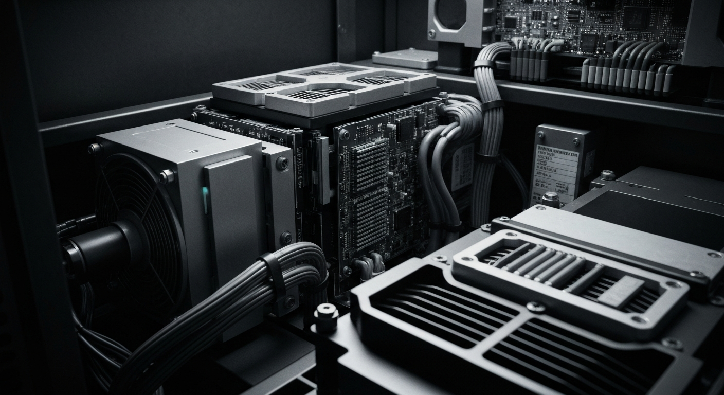 A close-up, high-contrast image of the intricate machinery and components inside a cryptocurrency mining rig, conveying the power and scale of modern bitcoin mining operations.
