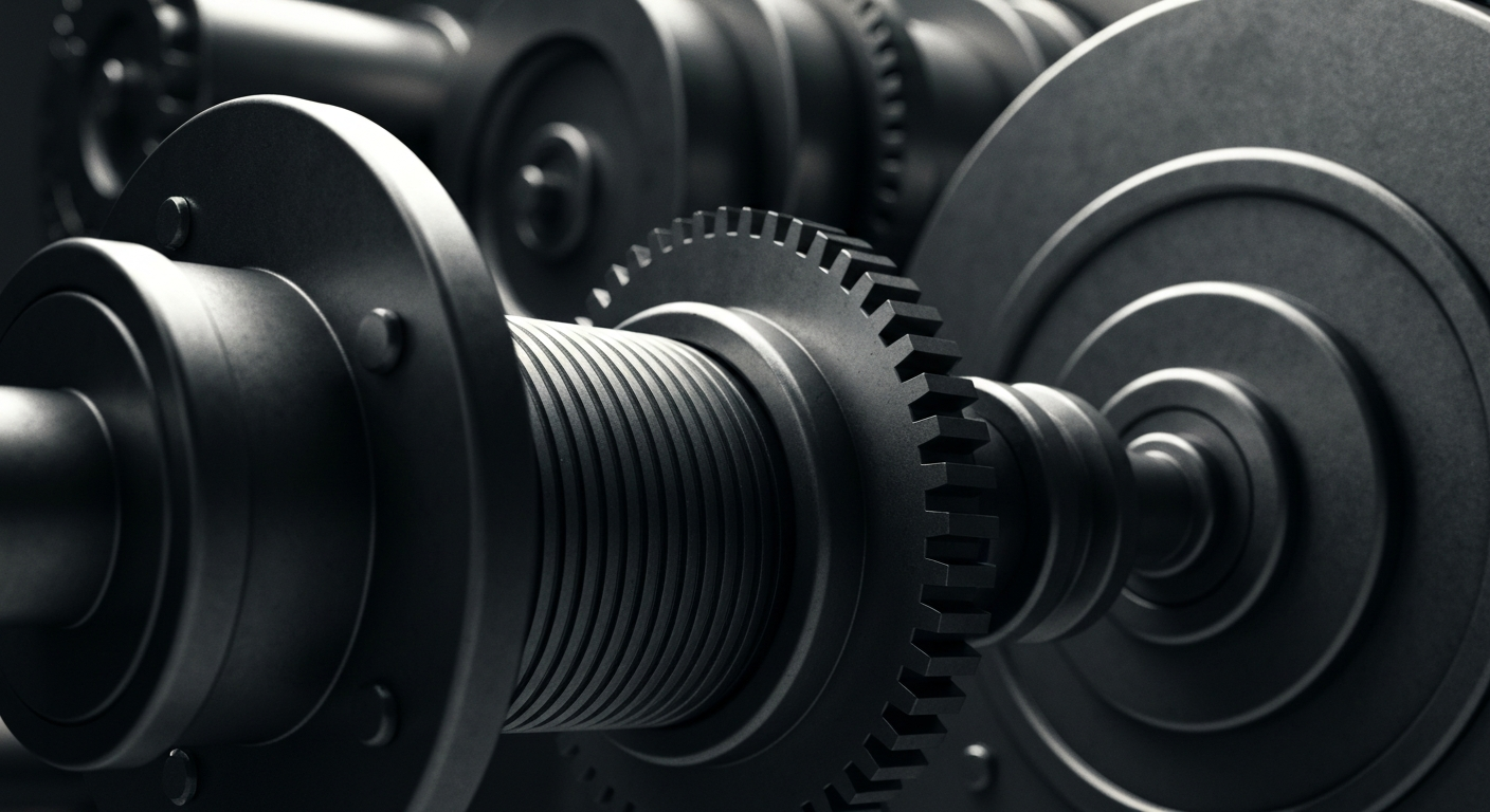 An extreme close-up of interlocking metal gears and machinery, conveying a sense of institutional financial power and security without using literal currency or charts.