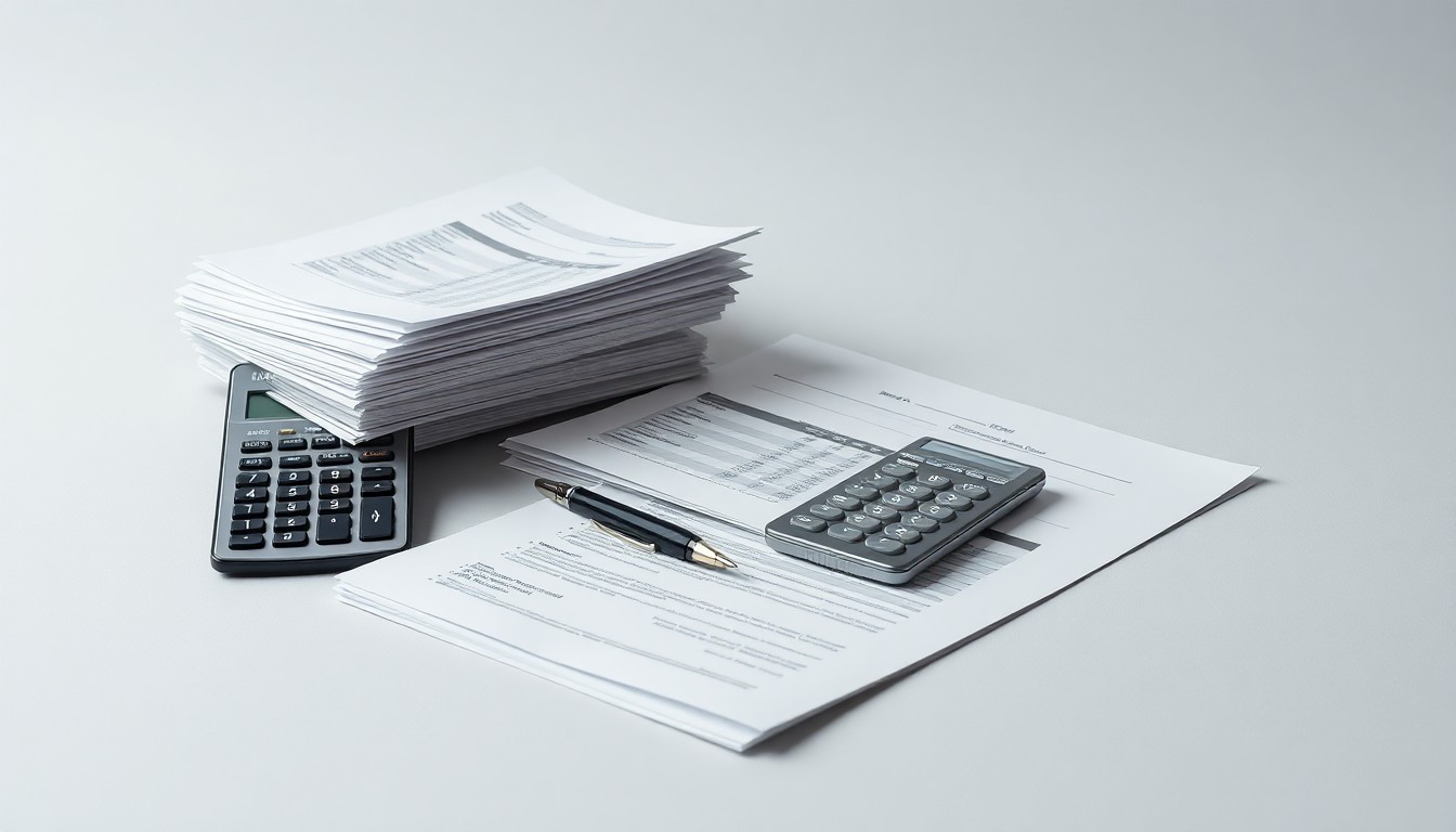A photorealistic studio still life featuring a stack of financial documents, a pen, and a calculator arranged elegantly on a clean, monochromatic background, conceptually representing the abstract concepts of corporate strategy, finance, and tax policy.