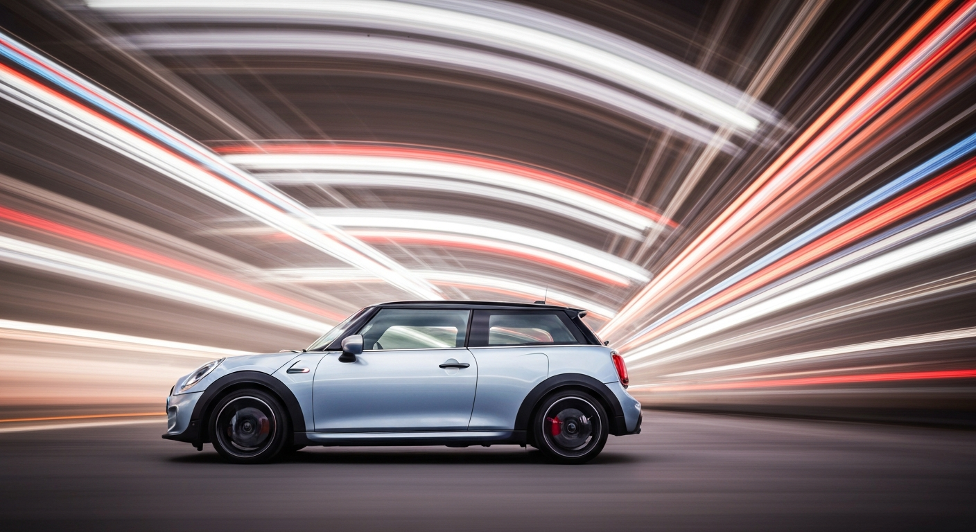 An abstract, motion-blurred image of a 2025 Mini Cooper S 5-Door, conveying a sense of speed, modern engineering, and the thrill of travel.