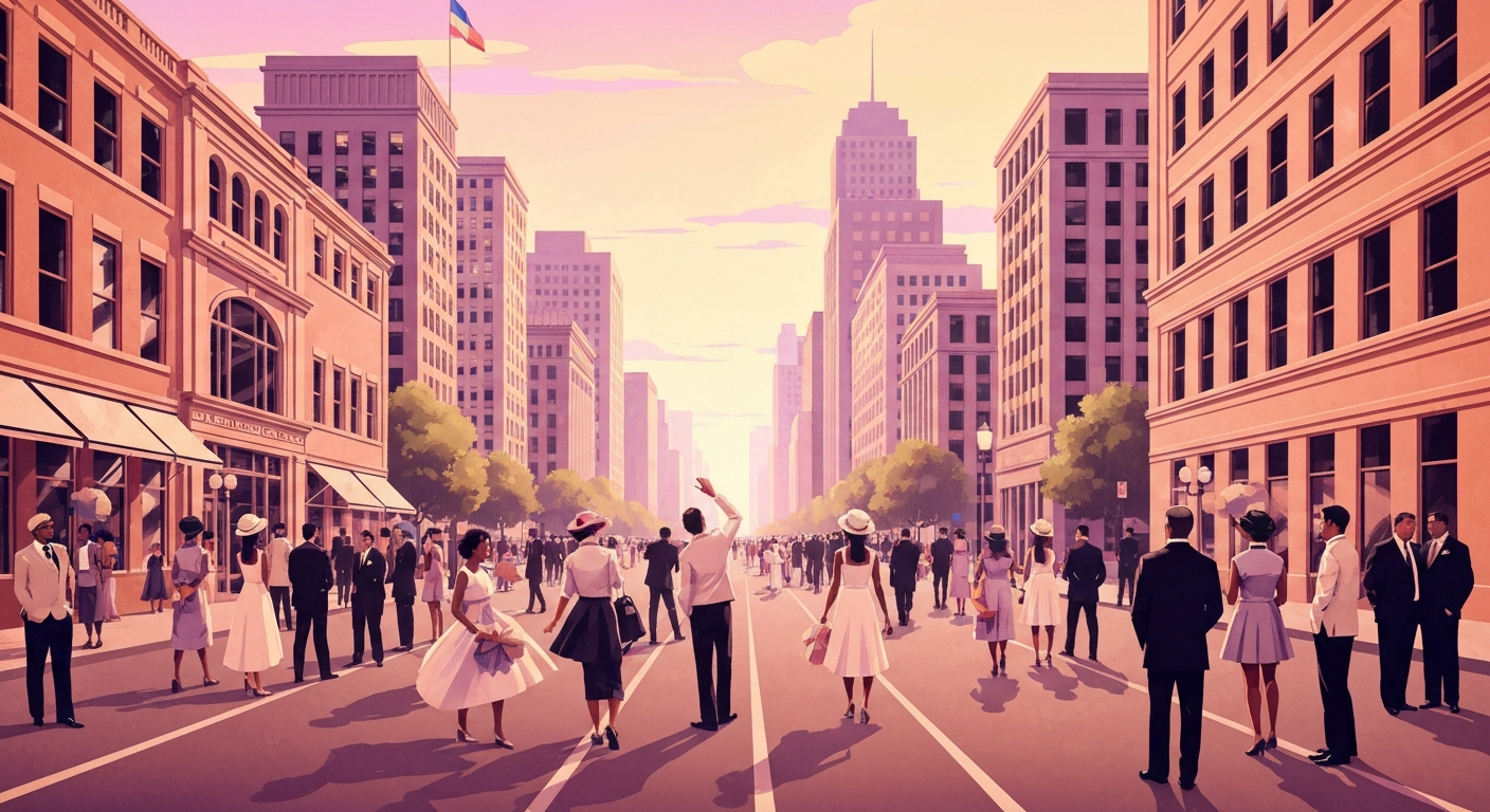 A highly stylized, geometric illustration depicting the grand scale and celebratory energy of a community festival, with sweeping lines, bold colors, and a sense of movement and energy without any literal depictions of people or text.