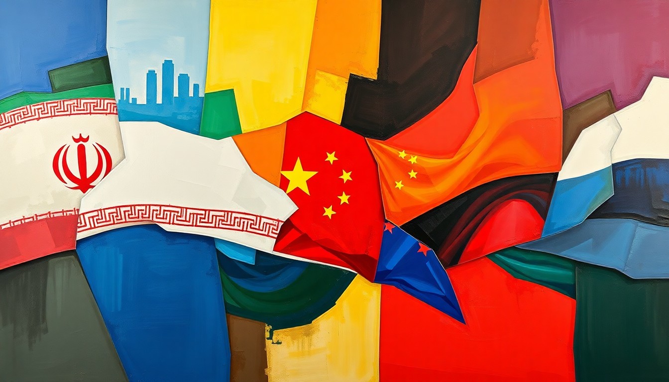 An abstract, avant-garde painting featuring overlapping, fractured geometric shapes in shades of red, blue, and gold, conceptually representing the dynamic and shifting geopolitical alliance between Iran, China, and Russia.