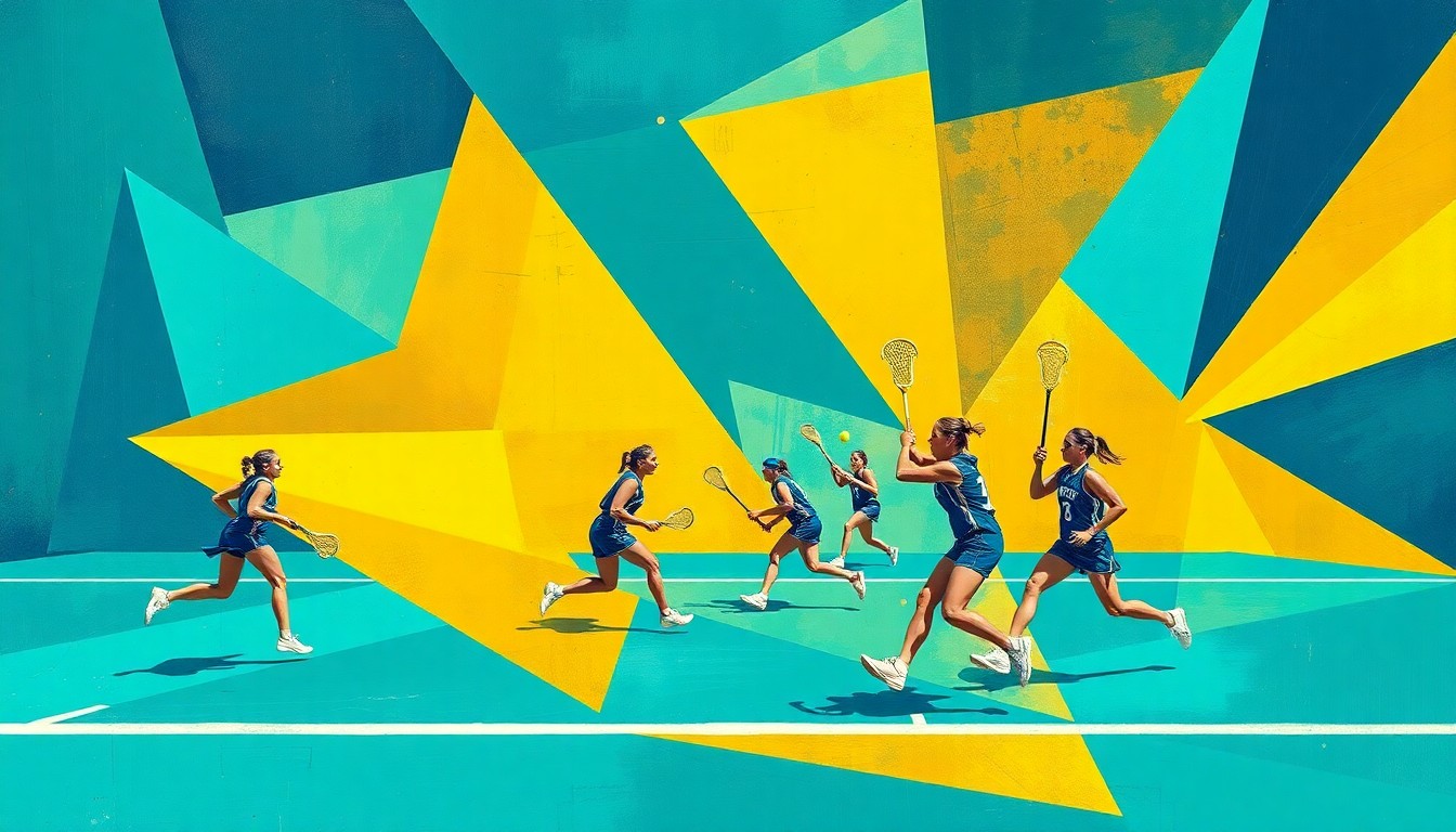 A cubist, geometric painting depicting a women's lacrosse game, with overlapping planes of teal, navy, and gold colors representing the dynamic action on the field.