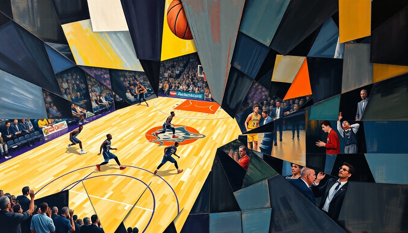 A fragmented, geometric painting depicting a basketball game in motion, with overlapping shapes and planes representing the dynamic action on the court.