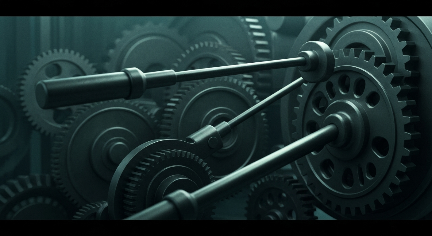 An extreme close-up of intricately connected gears, levers, and other heavy industrial machinery, representing the complex financial infrastructure and institutional investment behind AppLovin's mobile technology platform.