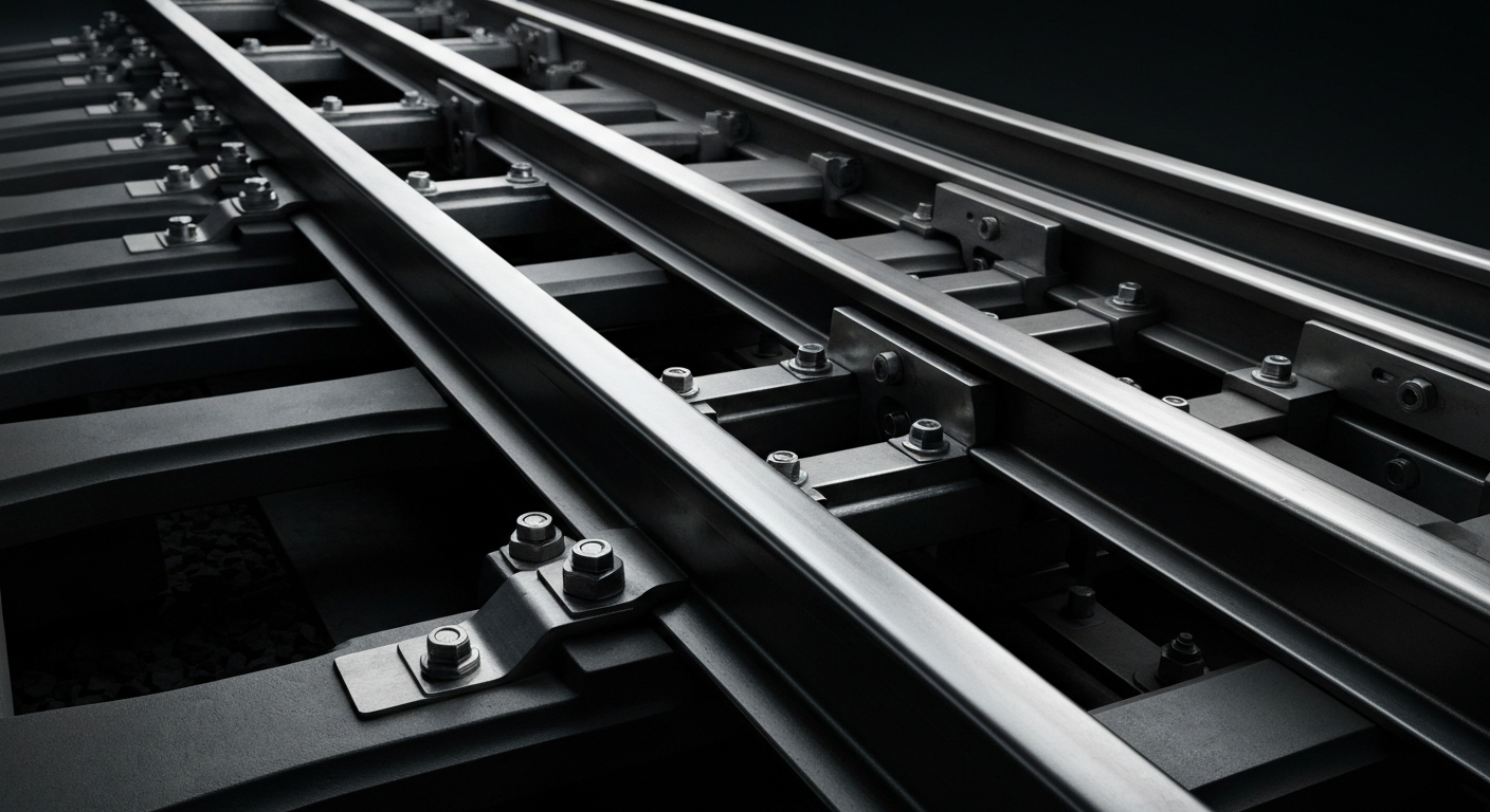 An extreme close-up of heavy, textured steel railroad tracks and mechanical components, dramatically lit against a dark background, conceptually representing the scale and power of Union Pacific's freight rail network.