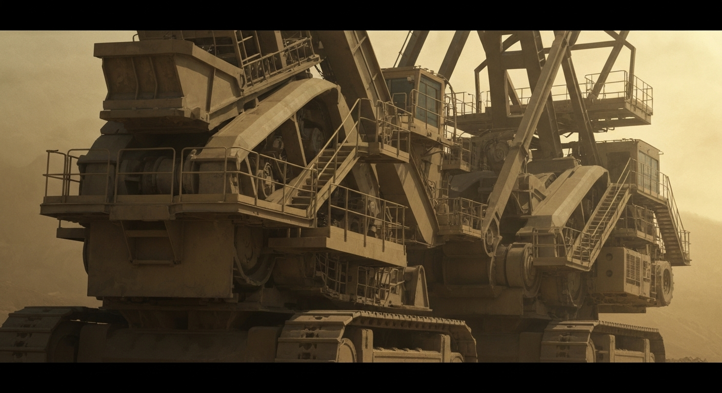 An extreme close-up of various gears, levers, and metal components of heavy industrial gold mining equipment, conveying the scale and complexity of modern gold production without using any text or identifiable branding.