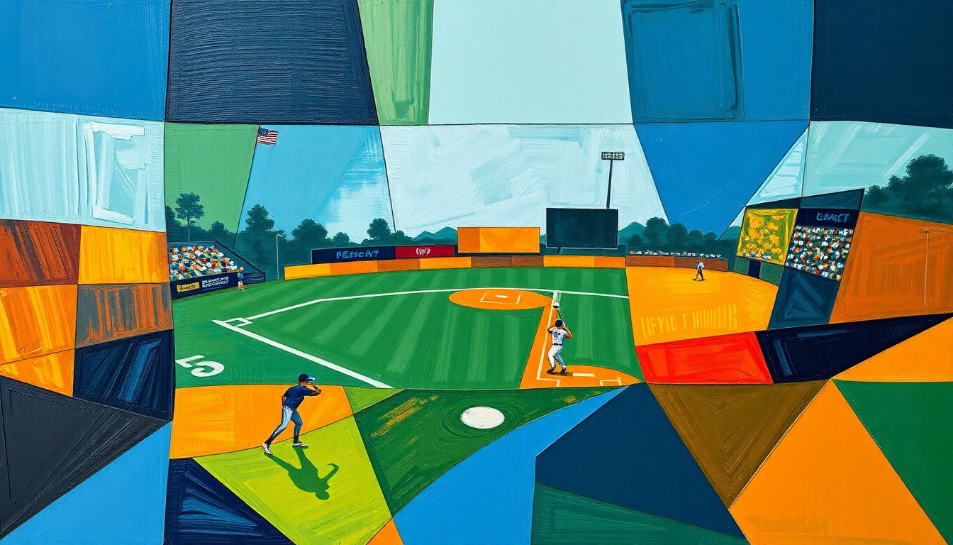 A cubist-style painting featuring overlapping geometric shapes and planes in navy, green, and orange hues, conceptually representing the back-and-forth action of a softball game.