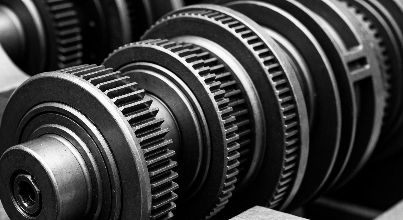 A high-contrast black and white close-up photograph of the intricate gears, bearings, and mechanisms inside an industrial power transmission system, conveying the technical complexity and precision engineering required for these critical components.