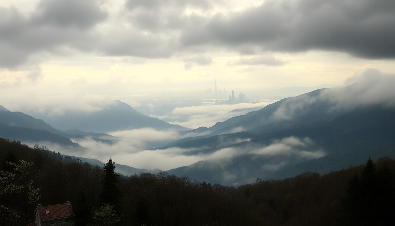 A sweeping, moody landscape painting in shades of gray, blue, and green, with a distant city skyline partially obscured by heavy fog, conveying the sense of a cool, overcast spring day in the region.