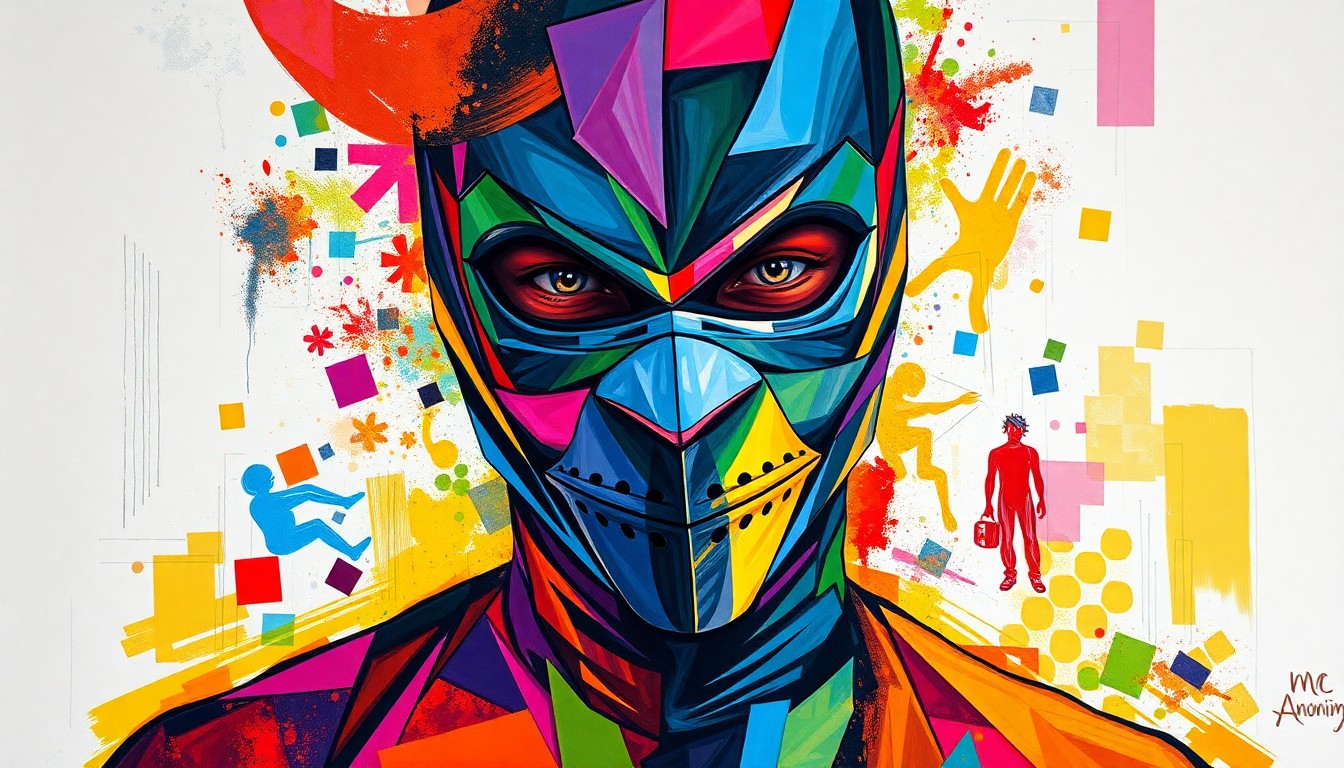 A vibrant, fractured painting of a person wearing a mask, their body and face fragmented into overlapping geometric shapes in a riot of colors, conceptually representing the anonymity and multifaceted nature of the artist MC Anônimo.