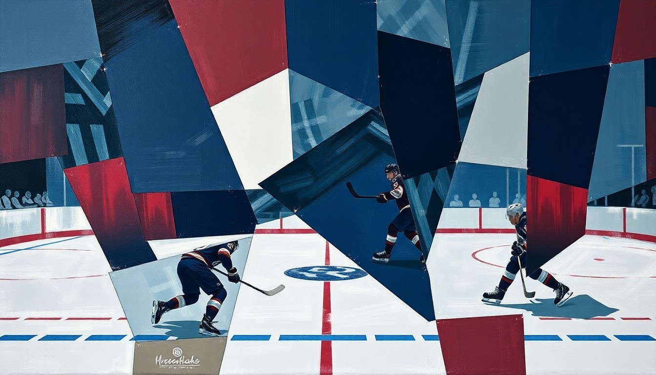A cubist-style painting depicting a fragmented hockey scene, with sharp geometric shapes and planes in shades of navy, maroon, and grey, conveying the frustration and fractured nature of the Devils' lost season.